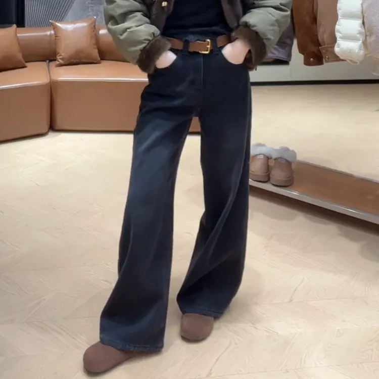 冬季加绒高腰复古显瘦直筒牛仔裤百搭韩版LK2508349