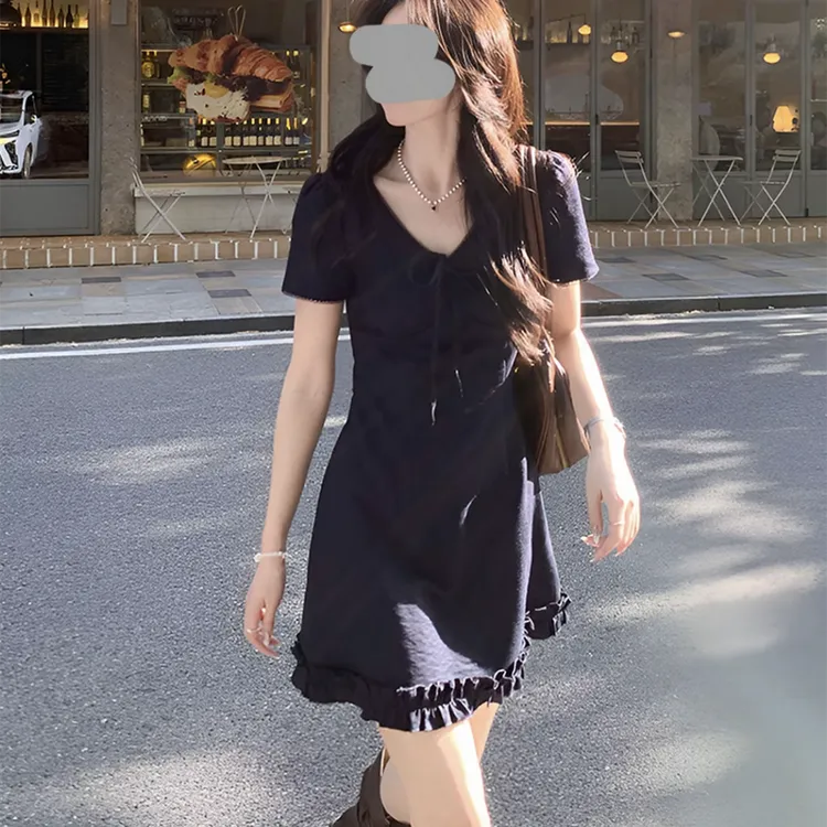 【伦敦夏令时】韩系高智感法式简约V领气质显瘦收腰连衣裙