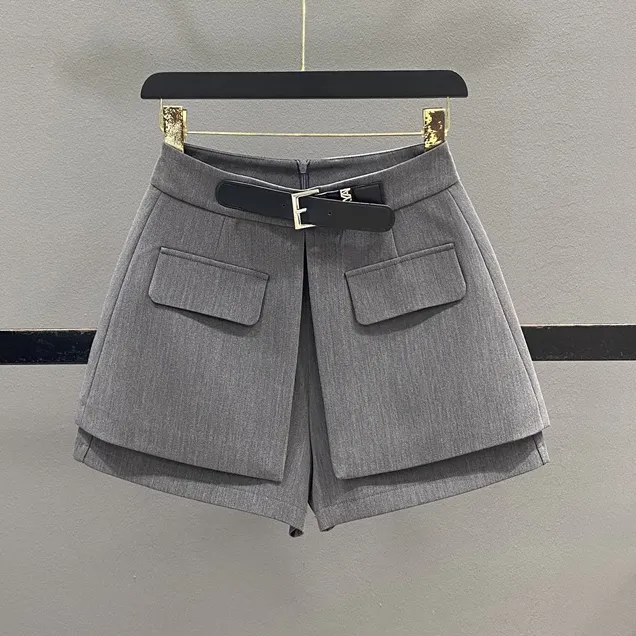 设计感皮扣高腰西装短裤女2025春季新款假两件裙裤A字休闲阔腿裤