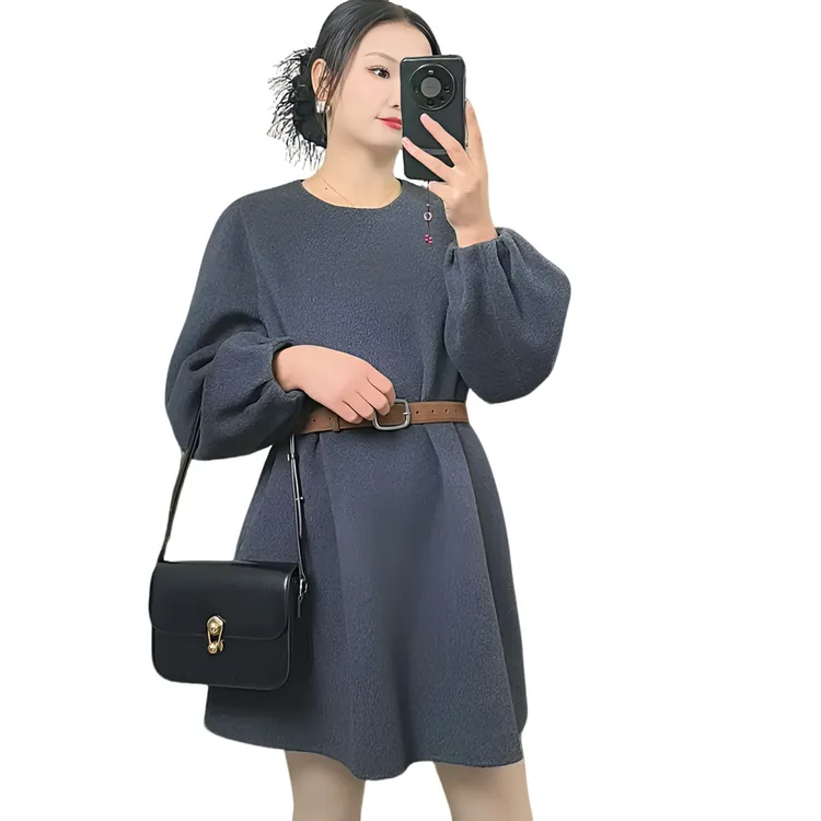 【濮院LiLi】25年新款100%绵羊毛连衣裙秋冬季灯笼袖中长款气质时尚