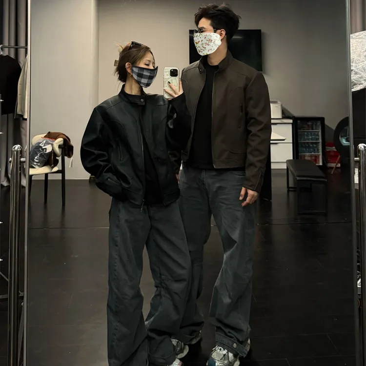 「TtAU」早秋新款拼接斜纹肌理高级感机车服情侣百搭多拉链立领外套