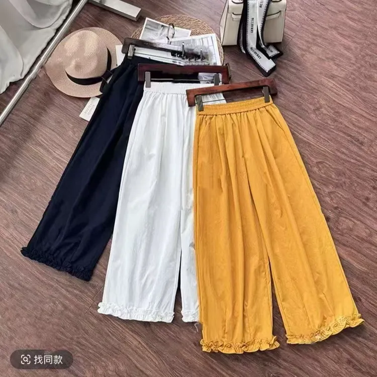 韩系夏季木耳花边直筒阔腿休闲裤大码休闲八分/九分薄款女