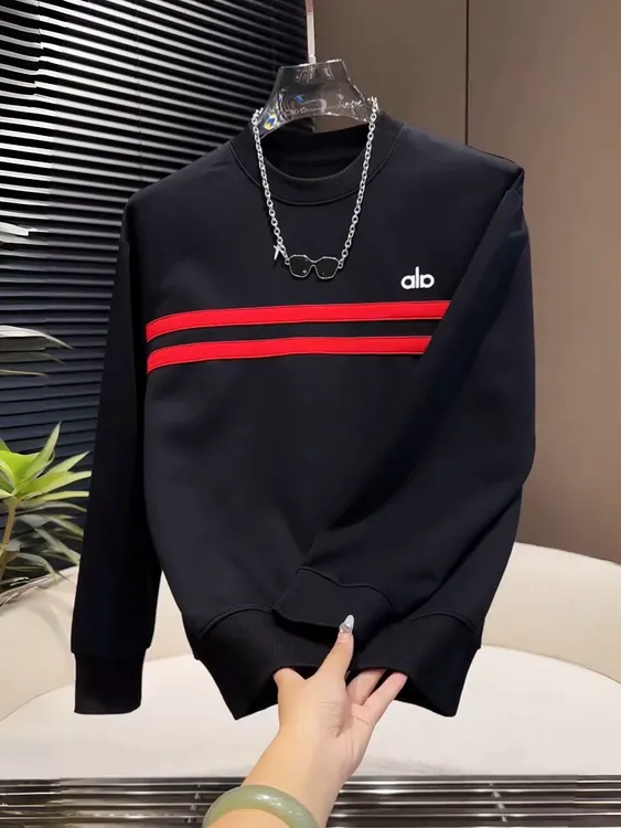 秋冬季2025新款潮牌条纹刺绣卫衣男士黑色时尚帅气百搭长袖上衣男