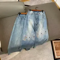 （很好穿！有九分裤长裤）中高腰水洗牛仔裤 女士新中式刺绣休闲长裤