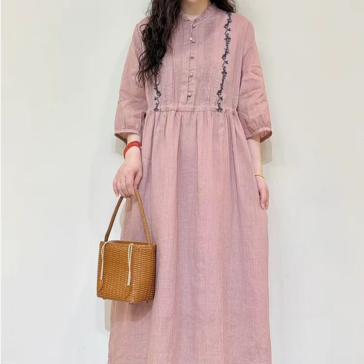  时尚气质女装苎麻连衣裙女士夏季复古文艺碎花显瘦