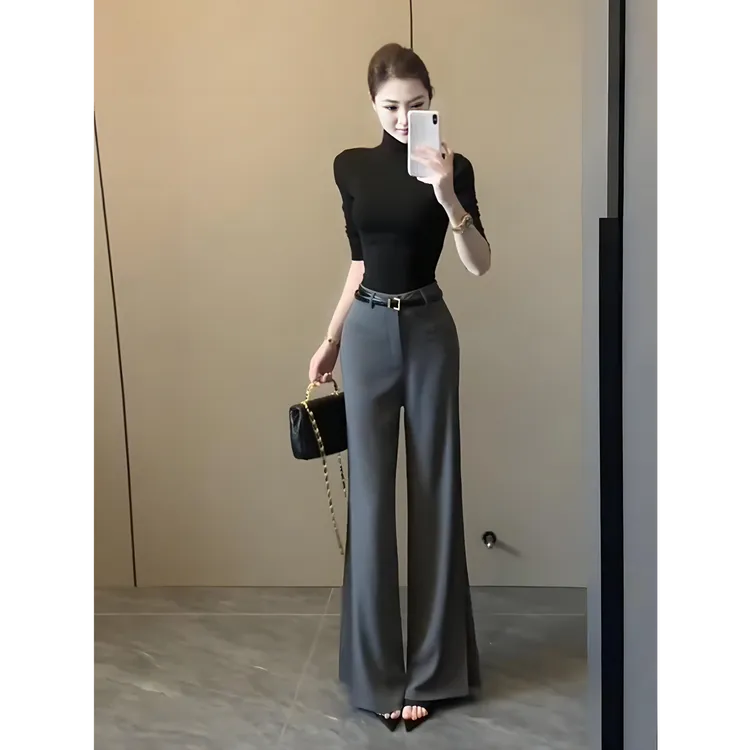 时尚气质辣妹灰色西装裤女夏季新款高腰显瘦垂感拖地阔腿长裤