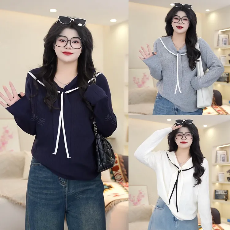 梦丞【陷进温柔】冬季大码针织学院风宽松显瘦系带海军领长袖上衣