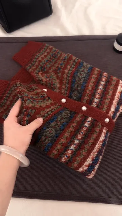 复古费尔岛半2025年秋冬新款时尚百搭保暖半高领针织开衫上衣女