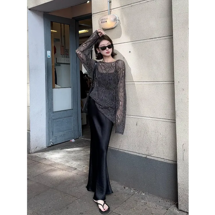 MARIE.COCO高冷女神范菱格镂空防晒罩衫女时尚轻奢包臀鱼尾裙套装