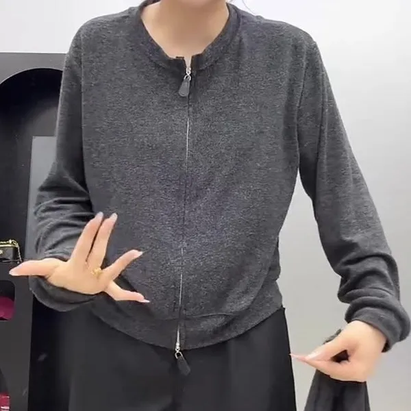 极简时尚韩版休闲穿搭时髦圆领灰色双头拉链上衣秋季百搭宽松外套