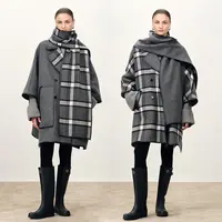 Fabrique Valmoré【挪威森林】正反两穿绵羊毛格纹配围巾斗篷式大衣