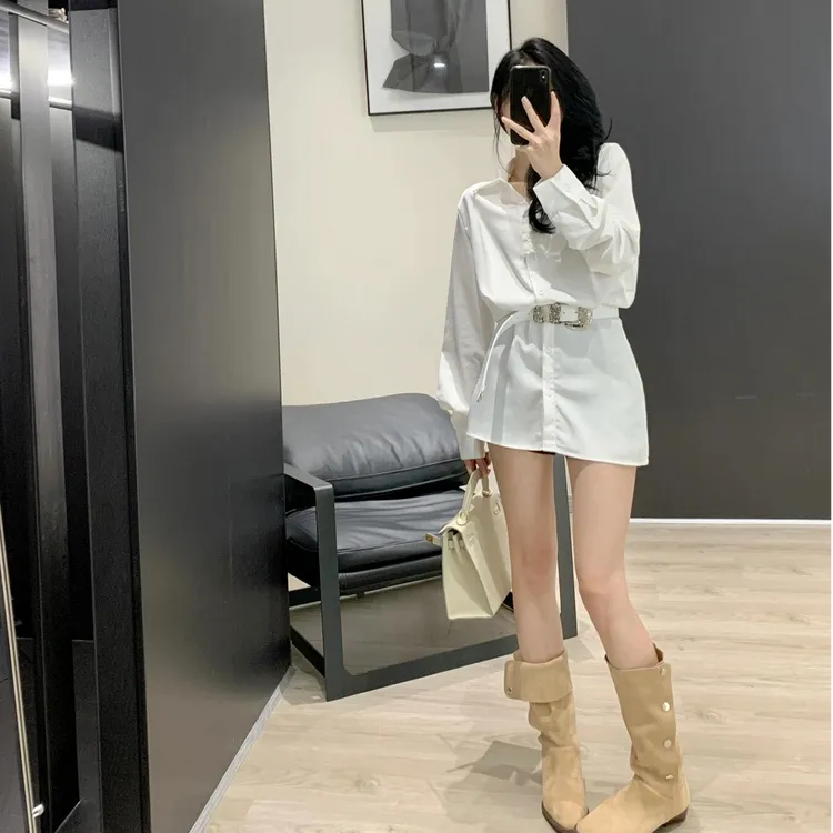 纯欲辣妹中长款宽松气质Polo领长袖衬衫女秋季新款百搭上衣配腰带