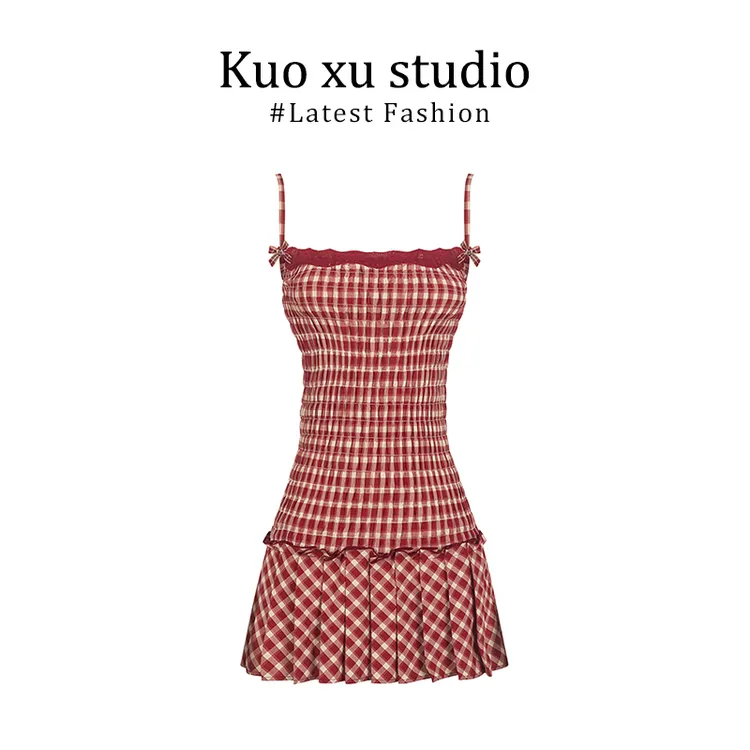 2025新款女士夏季甜美少女格纹打揽吊带裙纯欲辣妹修身显瘦短裙