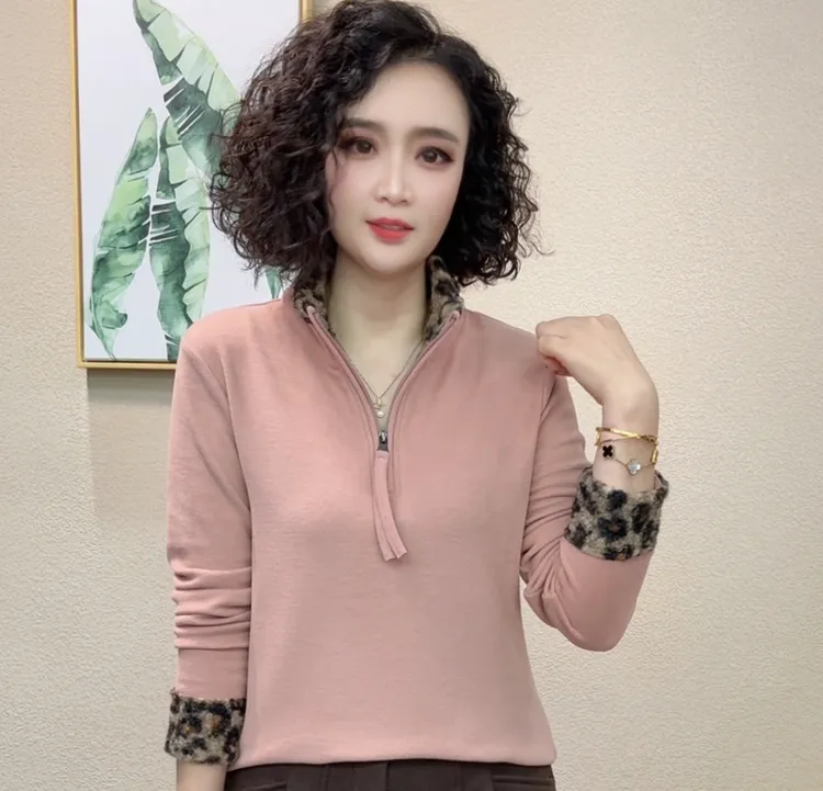 2025冬季新款休闲长袖半高领短款拉链拼接女士T恤卫衣#951