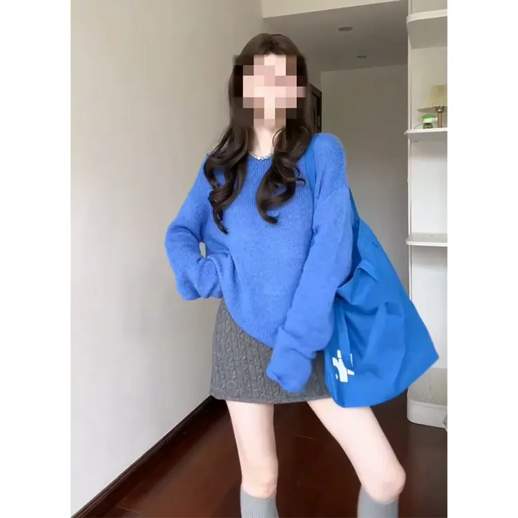 2025秋季新款女韩系穿搭圆领长袖宽松毛衣上衣百搭高腰显瘦半身裙