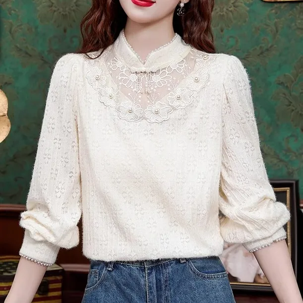 加绒加厚蕾丝打底衫女秋冬季内搭长袖新中式小衫国风改良旗袍上衣