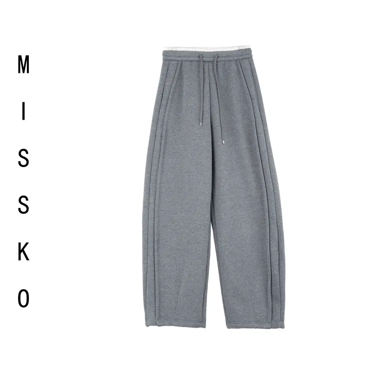 加绒卫裤冬季百搭宽松复古高级撞色抽绳阔腿直筒弯刀运动裤 K8529