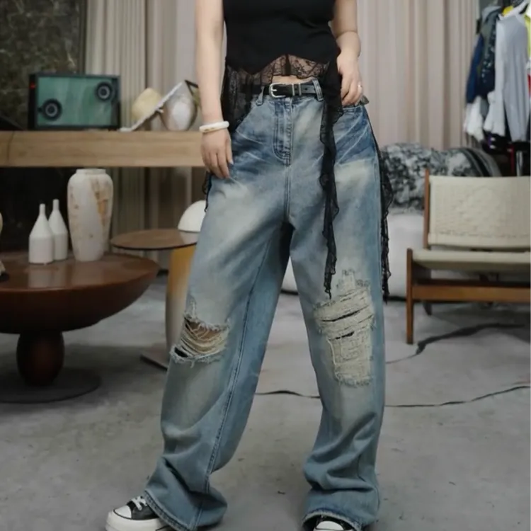 infobyfive2025夏季新款蓝色直筒裤水洗四代破洞牛仔裤NF0503057