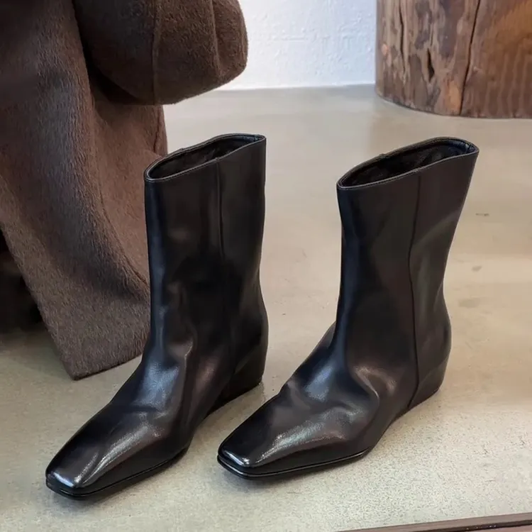 羊皮版~韩版女秋冬季新款气质方头宽筒小个子显瘦遮肉一脚蹬短靴