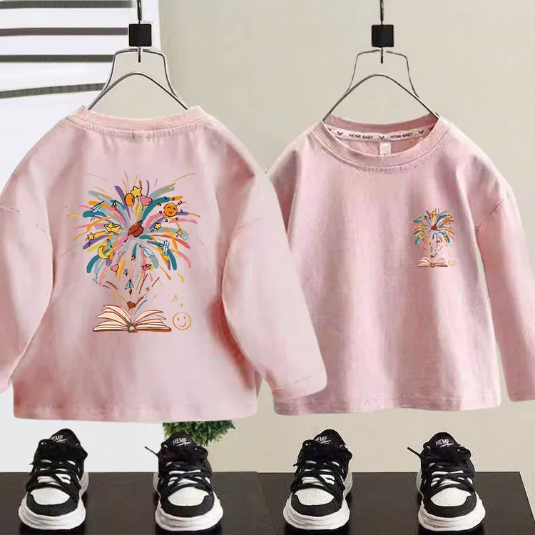 100%纯棉儿童春秋季2025新款女童长袖纯色T恤卡通女孩上衣打底衫t