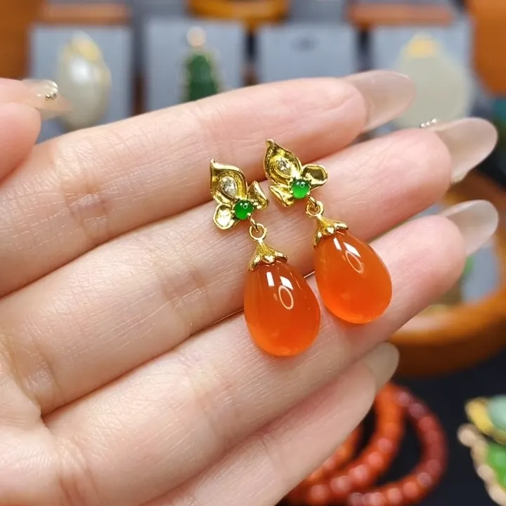 18k金保山冰红南红耳钉河湾冰红原矿料水滴耳环耳钉耳饰贵气珠宝