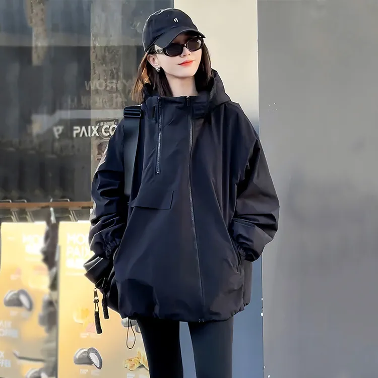 欧货时尚拉链设计感连帽冲锋衣女春秋新款宽松休闲韩版外套