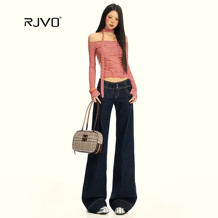 RJVO丹宁色双腰扣微喇牛仔裤女新款设计感时尚百搭修身低腰长裤