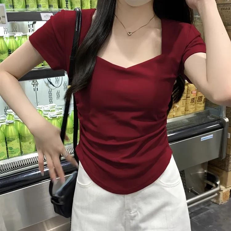 多巴胺方领洋气正肩短袖t恤女夏季不规则螺纹棉百搭显瘦短上衣服