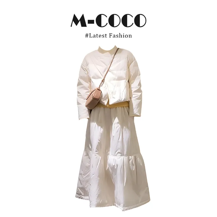 MARIE.COCO韩系一粒扣棉服外套内搭黄色打底衫上衣拼接棉裙三件套