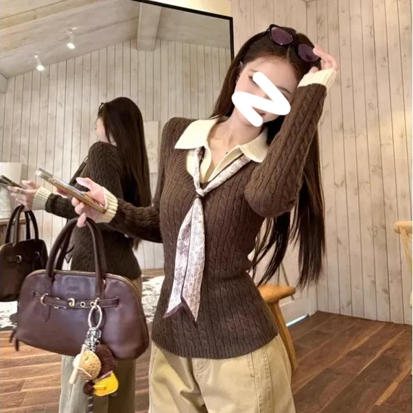 【咖色暖阳】咖色Polo领假两件针织打底衫秋冬辣妹风内搭麻花毛衣女