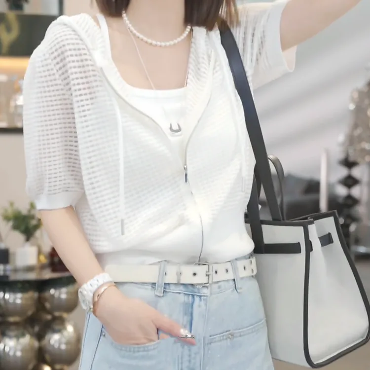 韩版设计感时尚休闲显瘦帽衫针织半袖女2025夏季新款镂空重工外套