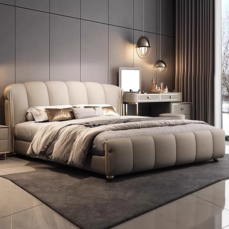 轻奢真皮床1.8米x2米主卧大床意式高端大气奶油风储物皮艺床家用