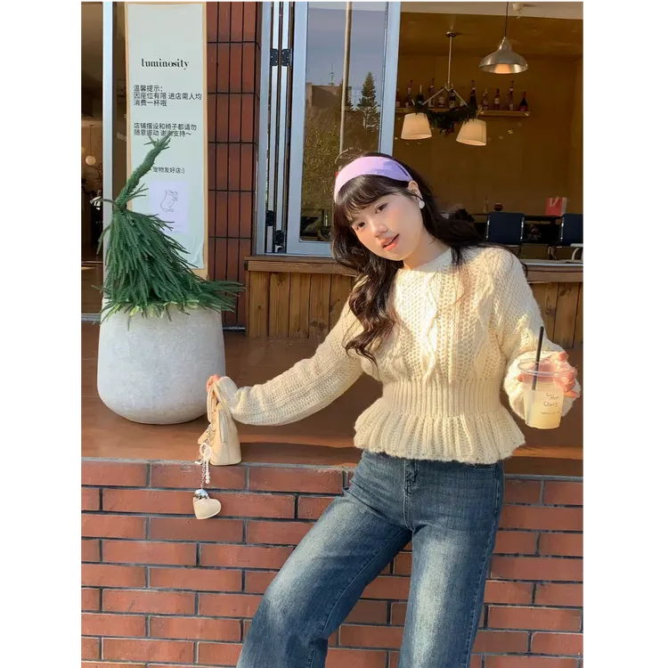 米米子“绒绒暖光”米杏色毛茸茸收腰粗线针织毛衣上衣显瘦秋季长袖