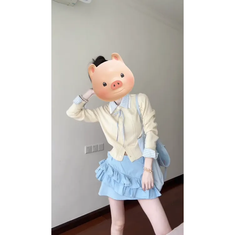 MARIE.COCO温柔风甜美假两件针织上衣不规则荷叶边半身短裙套装秋