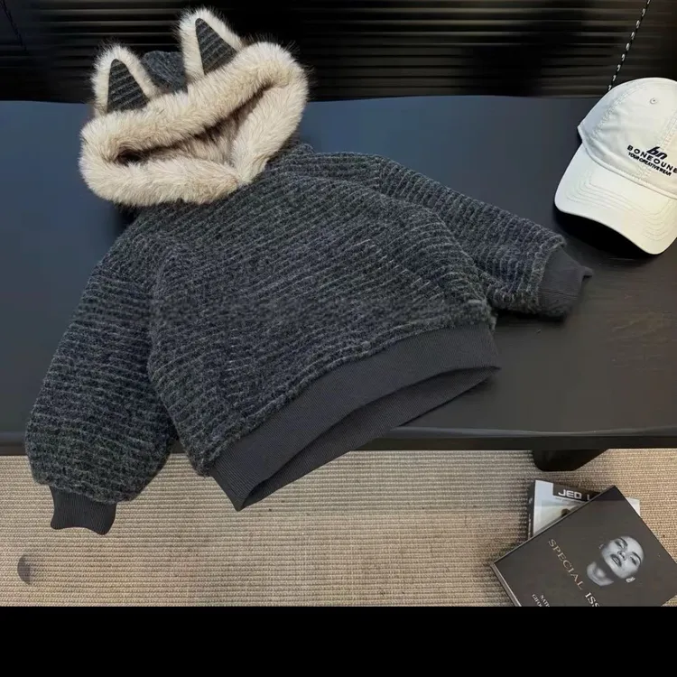 2025韩版冬季新款条纹连帽加绒加厚卫衣慵懒宽松宝宝上衣男女童潮