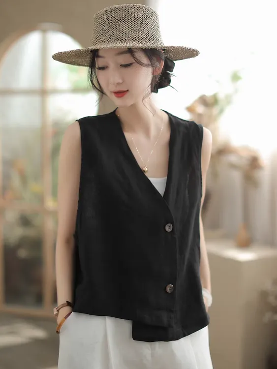 女夏季棉麻v领西装不规则马甲宽松外搭无袖开衫坎肩薄款V领上衣