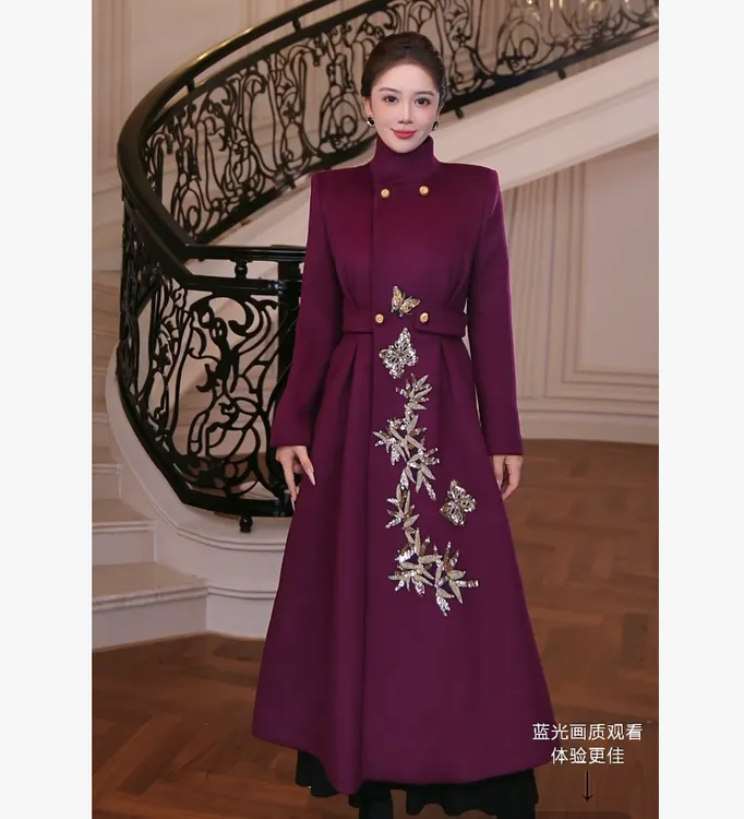 【芙娜妮】2025秋冬刺绣休闲风中长款海葵紫女装大衣外套FG2531217A