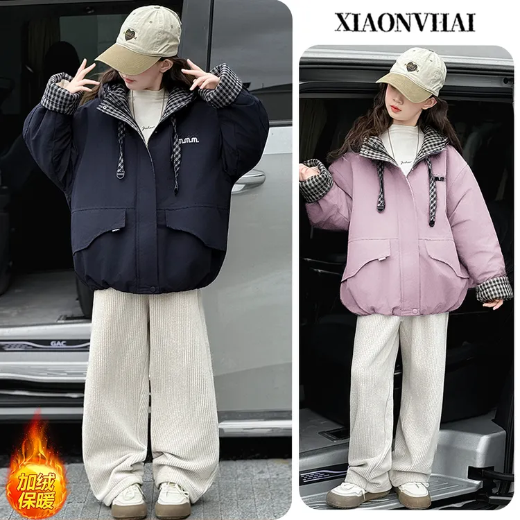 小女孩女童加绒短款棉服甜美6-12岁韩版棉衣派克服中大童百搭外套