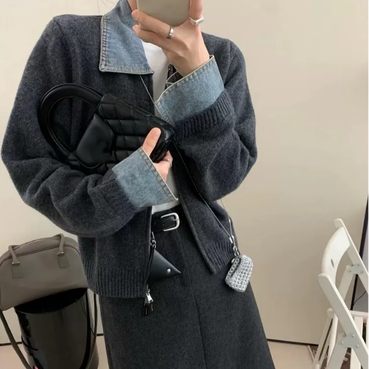 (G729）2025冬季新款大码拼接撞色牛仔Polo领宽松套头针织衫上衣潮