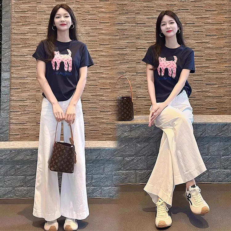 夏天韩版洋气显瘦上衣气质独特漂亮藏蓝色短袖t恤白色阔腿裤套装