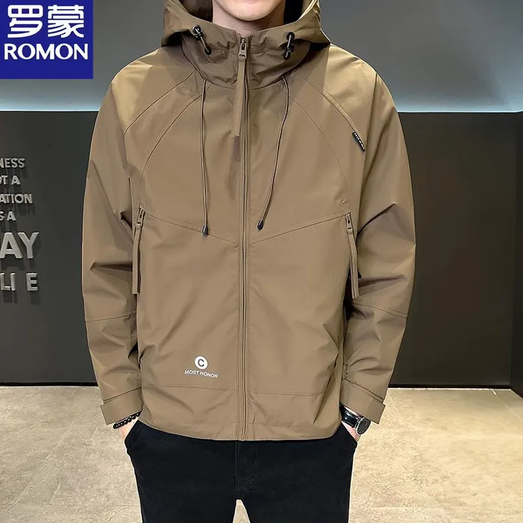 罗蒙男士连帽外套2025春秋季新款冲锋衣夹克青年高端休闲春装上衣