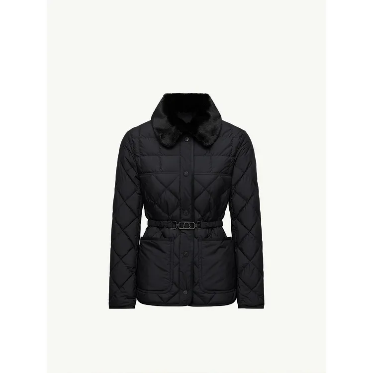 冬短款獭兔毛毛领菱格鹅羽绒服黑色冬季轻薄女款收腰显瘦女士外套