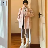 粉色呢子大衣女新款秋冬季高级感毛呢外套韩系小个子短款西装
