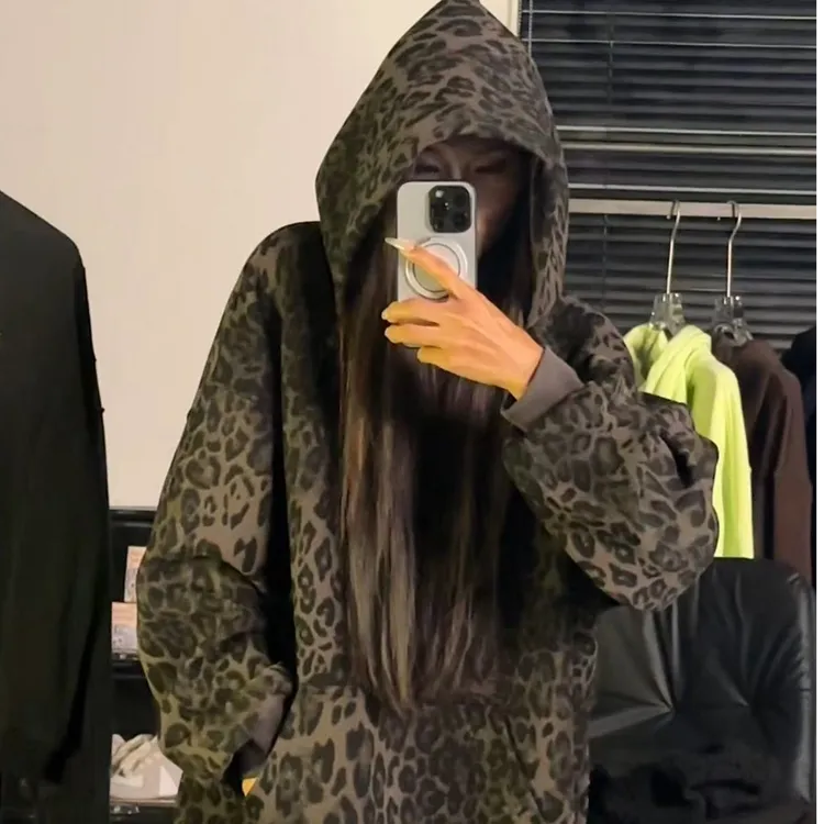 2025男女同款风潮流豹纹连帽加绒卫衣#206