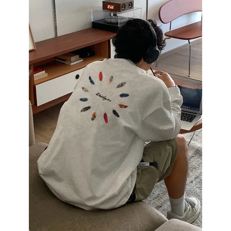 潮牌重磅纯棉长袖t恤美式高街印花T恤男士2025秋冬新款纯棉打底衫