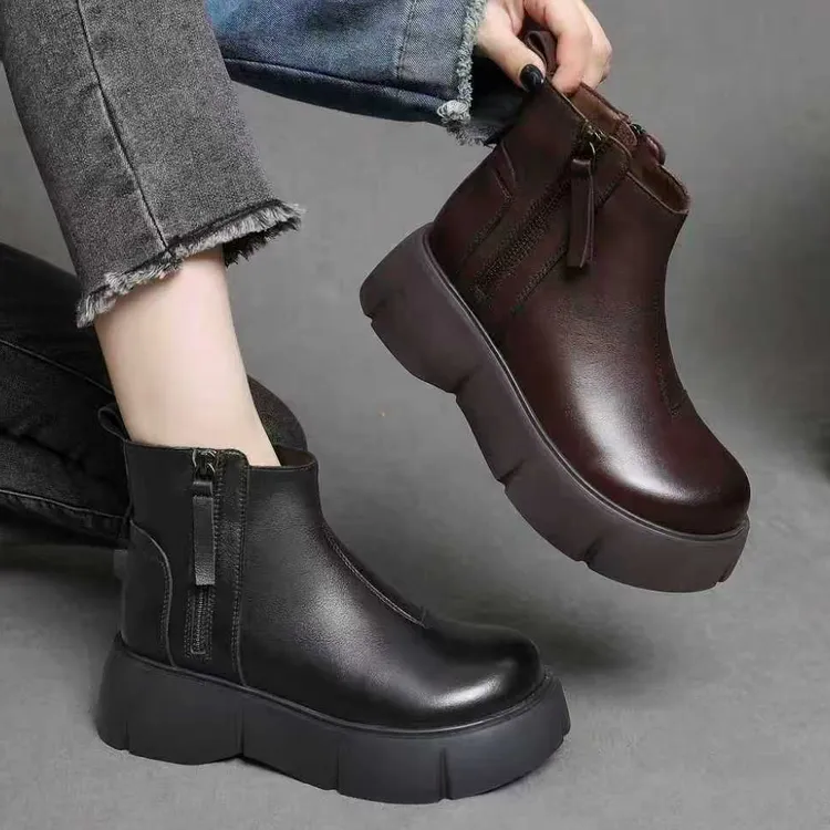 56526米冬季新款牛皮复古加绒保暖短靴厚底增高时尚羊毛马丁靴女