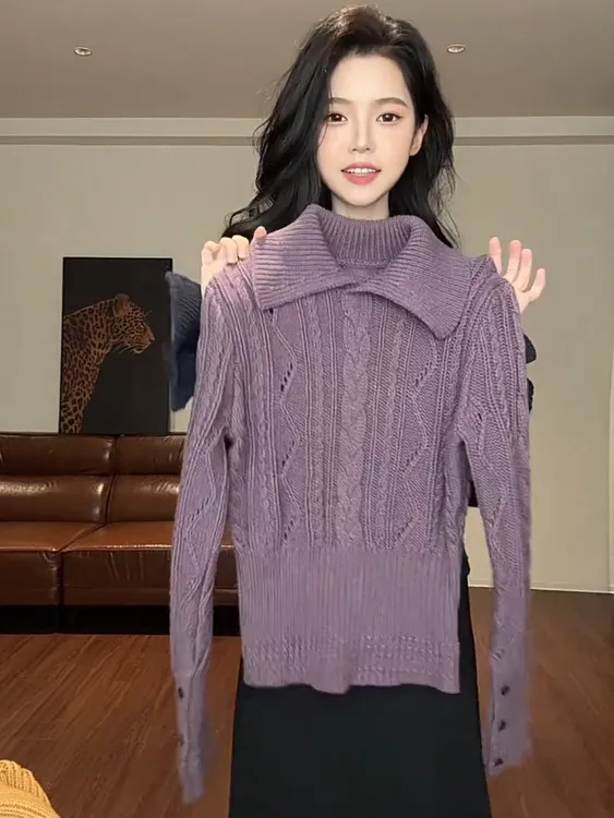 独特漂亮紫色翻领针织毛衣女装2025秋冬高级感软糯慵懒风加厚上衣