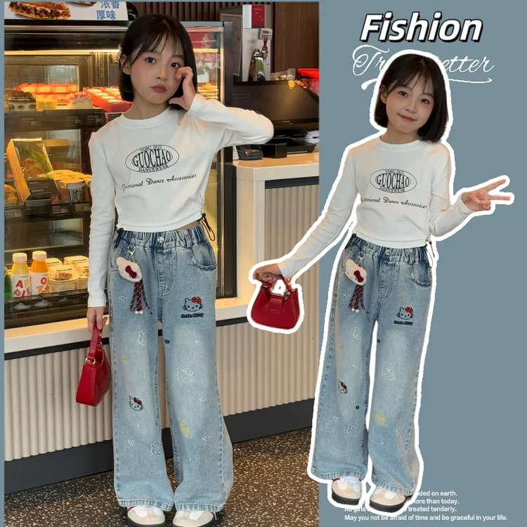 女童春秋套装2025春季女孩卡通牛仔裤T恤儿童洋气春装时髦两件套