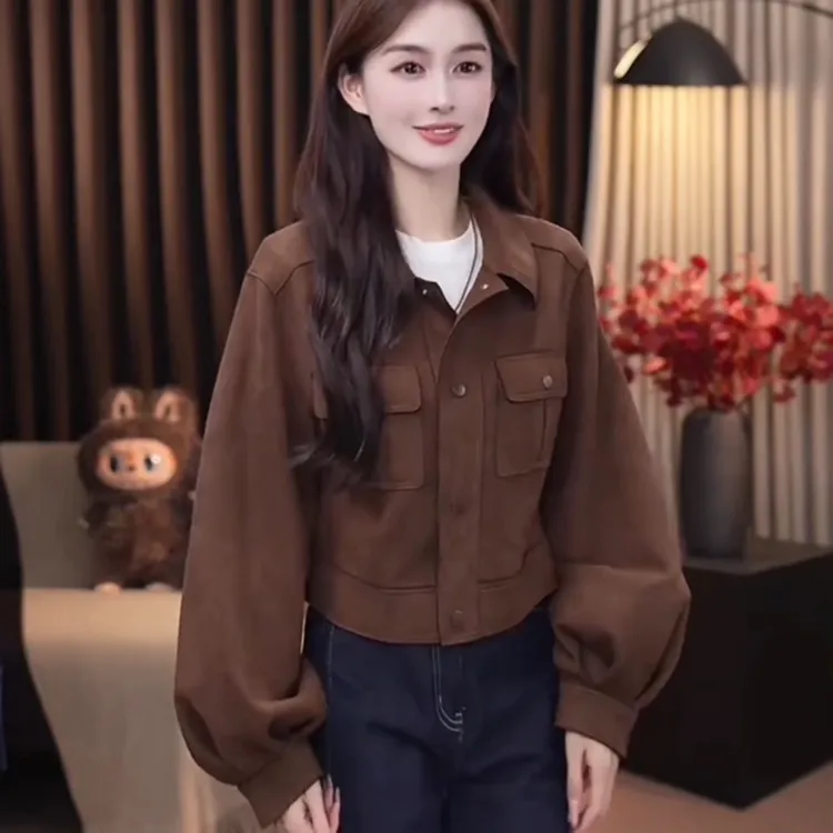 短款翻领麂皮绒外套女2025春秋新款小个子时尚百搭休闲夹克上衣潮