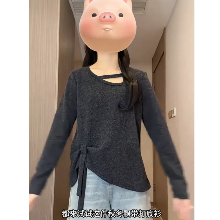大码不规则飘带长袖T恤女秋冬胖mm宽松显瘦设计感镂空正肩打底衫